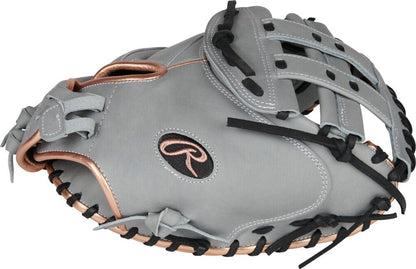 Grey catcher mitt with Rawlings logo patch, brown piping, and black lacing