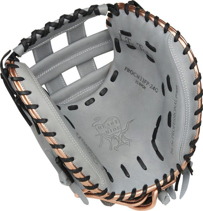 Grey fastpitch catcher mitt with black lacing and tan leather edge trim
