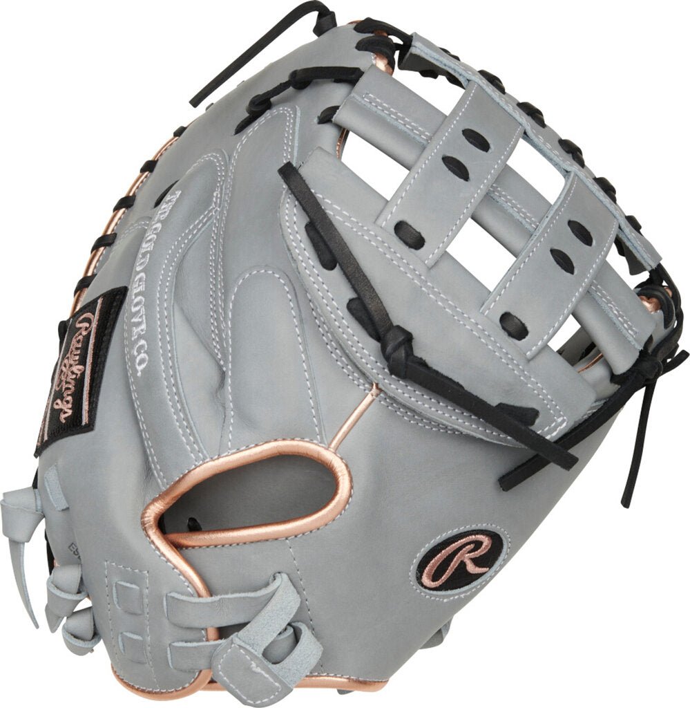 Grey Rawlings Heart of the Hide catcher mitt with brown trim and black straps