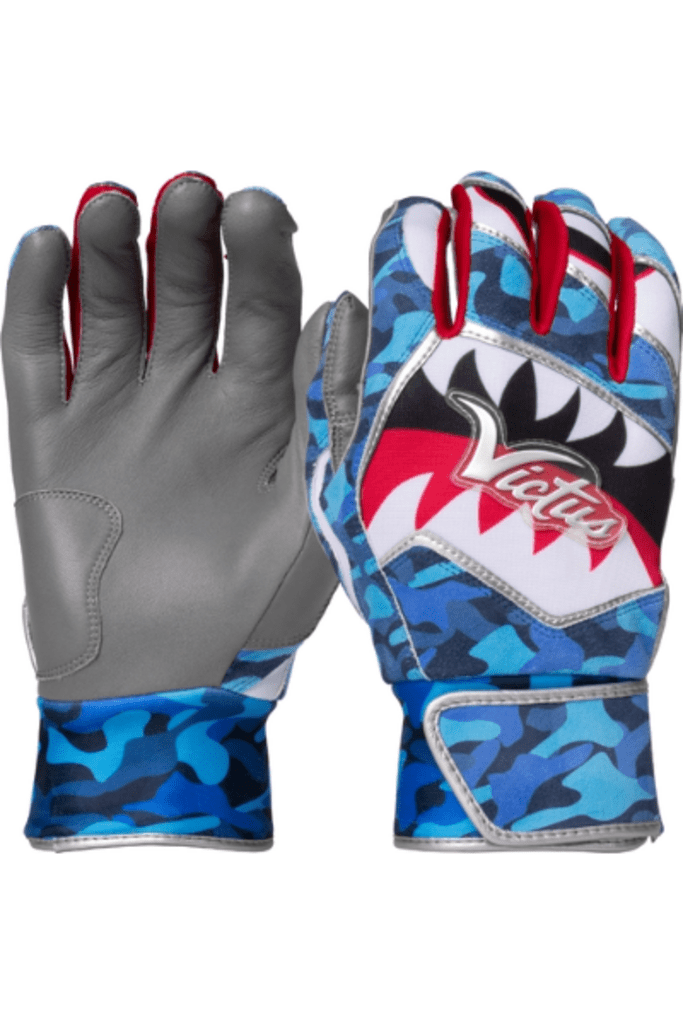 Batting gloves in blue camo with red trim and gray palms, with large logo patch.