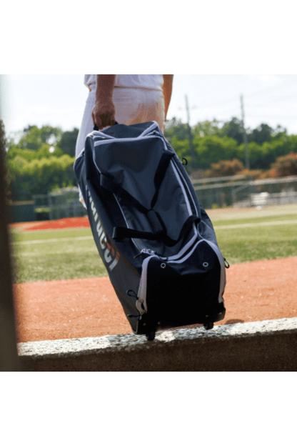 Wheeled bat bag on wheels with side pockets and shoulder strap, dark gray/black