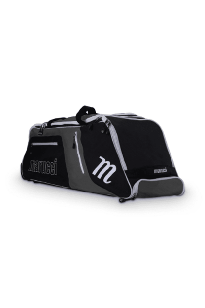 Wheeled bat bag with top handle, front pockets, and curved end, dark gray/black
