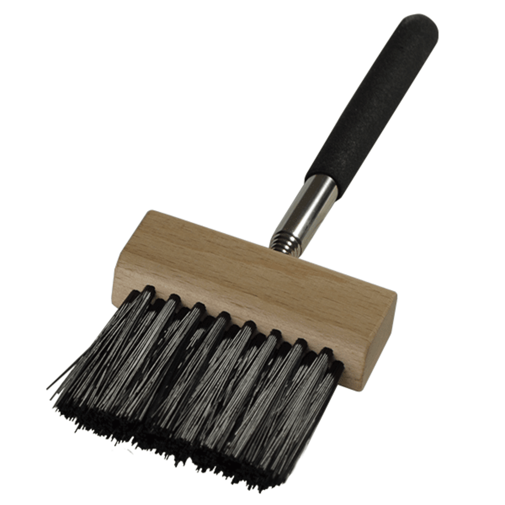 Telescopic umpire plate brush with black foam grip and wide bristle head on wood base