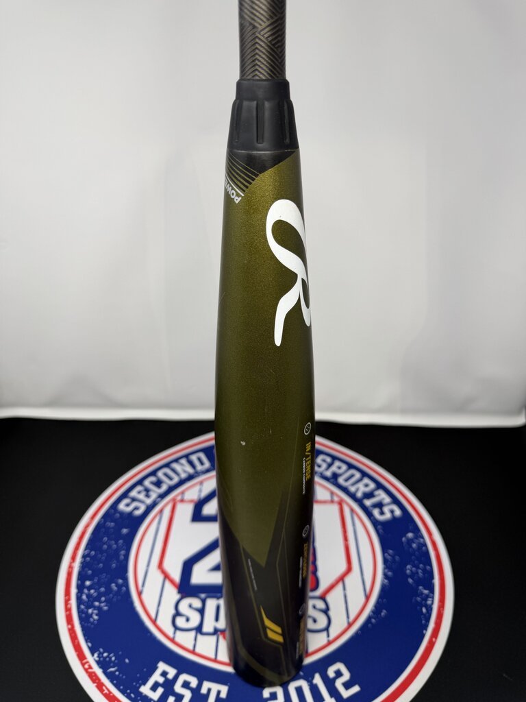 Used baseball bat, angled view, black knob and white logo on olive barrel