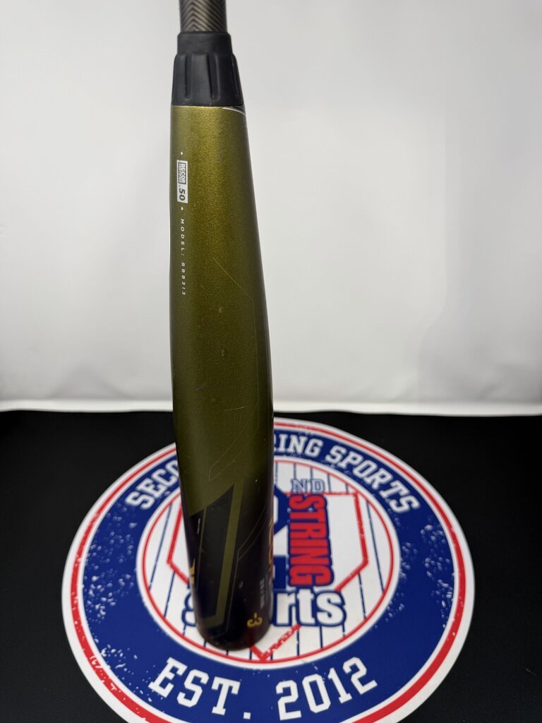 Used baseball bat with textured olive barrel and black end cap, side label
