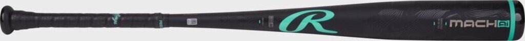 Black baseball bat barrel end with teal 'R' logo and mach ai text