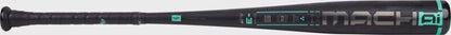 Black baseball bat barrel end cap with teal mach ai logo and markings