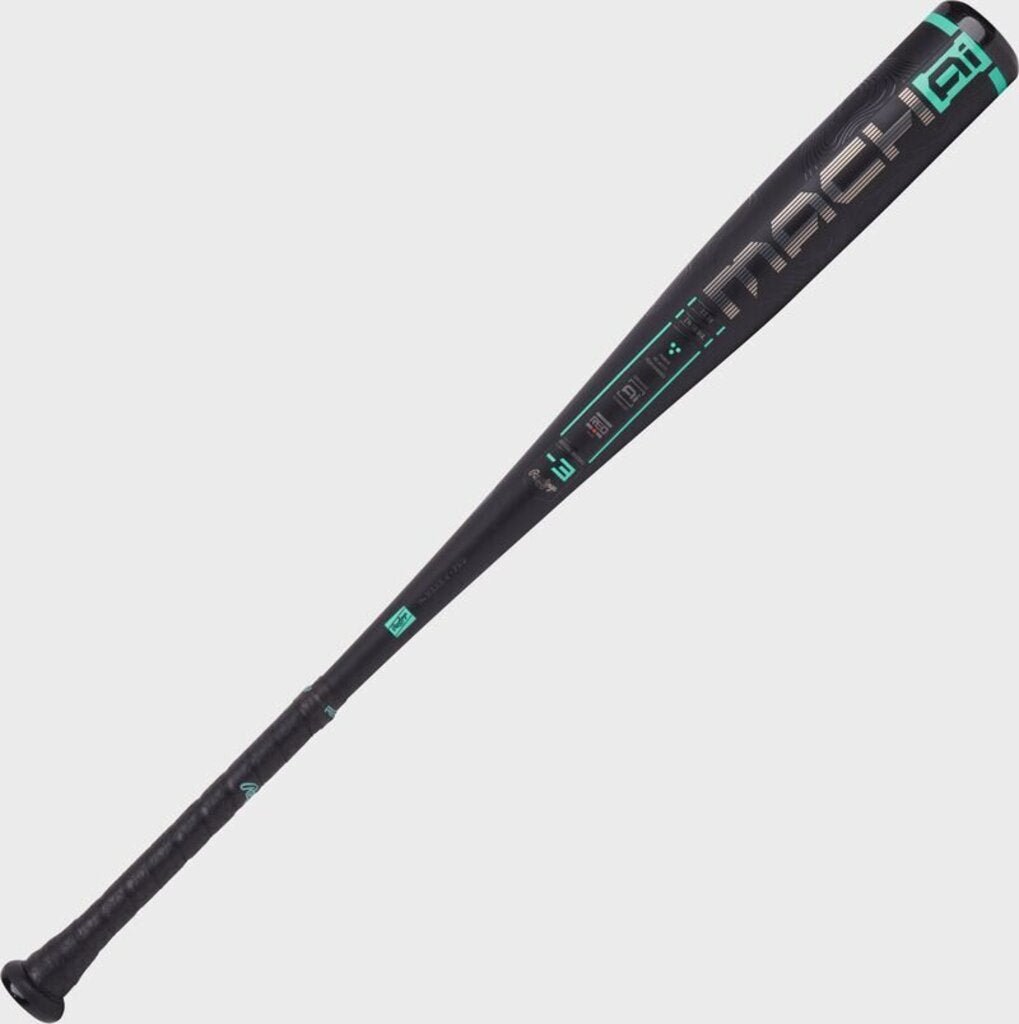 Black BBCOR baseball bat with teal 'mach ai' graphics along barrel