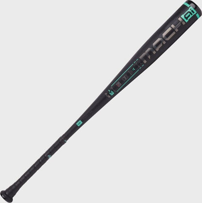 Black BBCOR baseball bat with teal 'mach ai' graphics along barrel