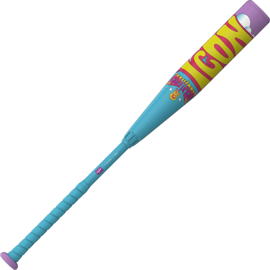 Blue and purple baseball bat with purple grip and bold ICON wordmark