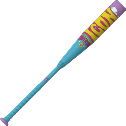 Blue and purple baseball bat with purple grip and bold ICON wordmark