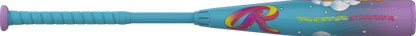 Close view of blue handle and purple barrel with decorative ICON Fest artwork