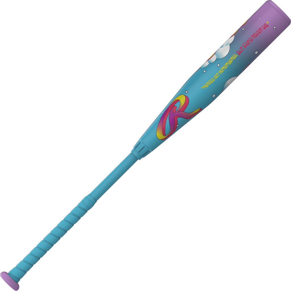 Rawlings Icon LE -8 USSSA baseball bat, diagonal view in teal-blue and purple