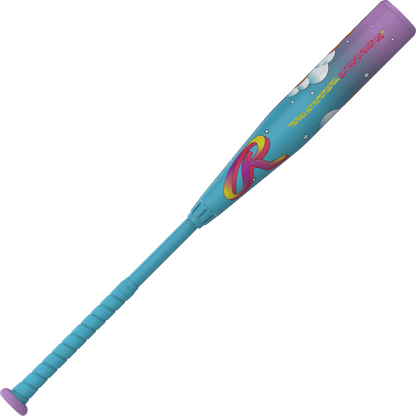 Rawlings Icon LE -8 USSSA baseball bat, diagonal view in teal-blue and purple