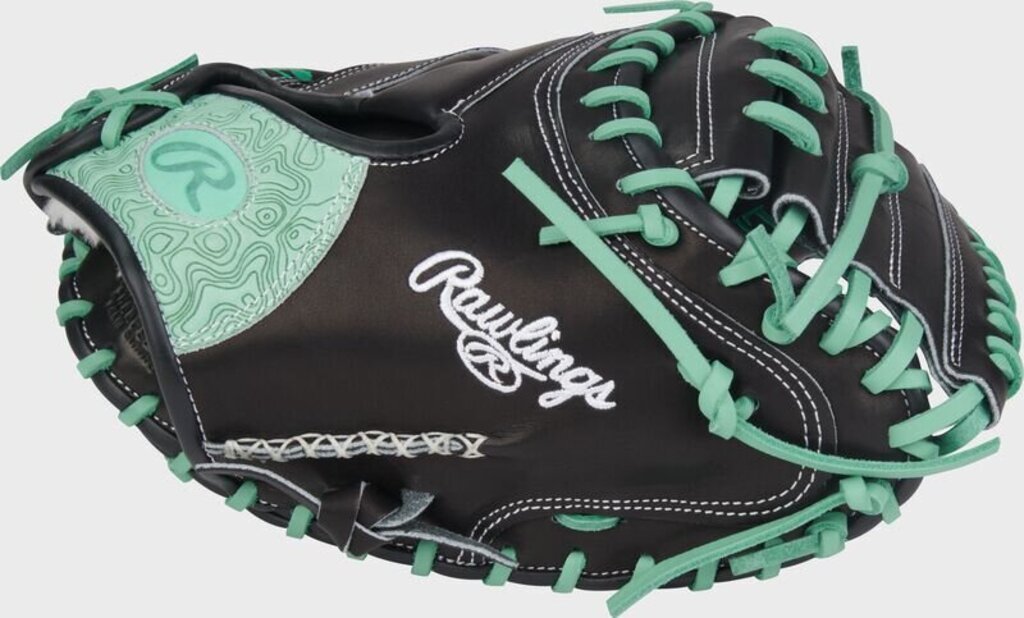Baseball catcher mitt, black with mint web laces, Rawlings logo on back