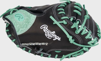 Baseball catcher mitt, black with mint web laces, Rawlings logo on back