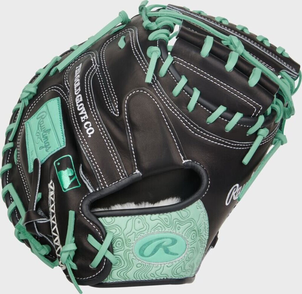 Baseball catcher mitt, black with mint laces, detailed finger stalls and pocket