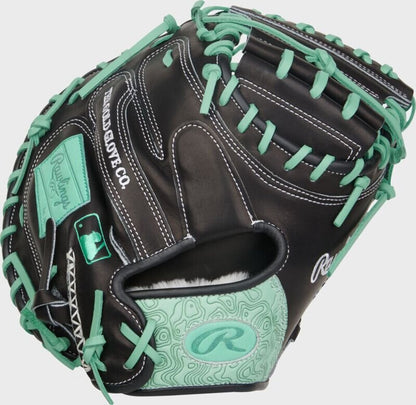 Baseball catcher mitt, black with mint laces, detailed finger stalls and pocket