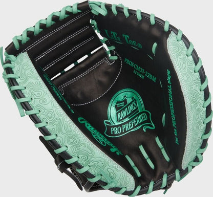 Baseball catcher mitt, black with mint laces, Pro Preferred logo on palm