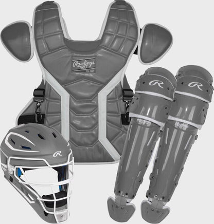 Graphite baseball catcher set with chest protector, mask, and leg guards