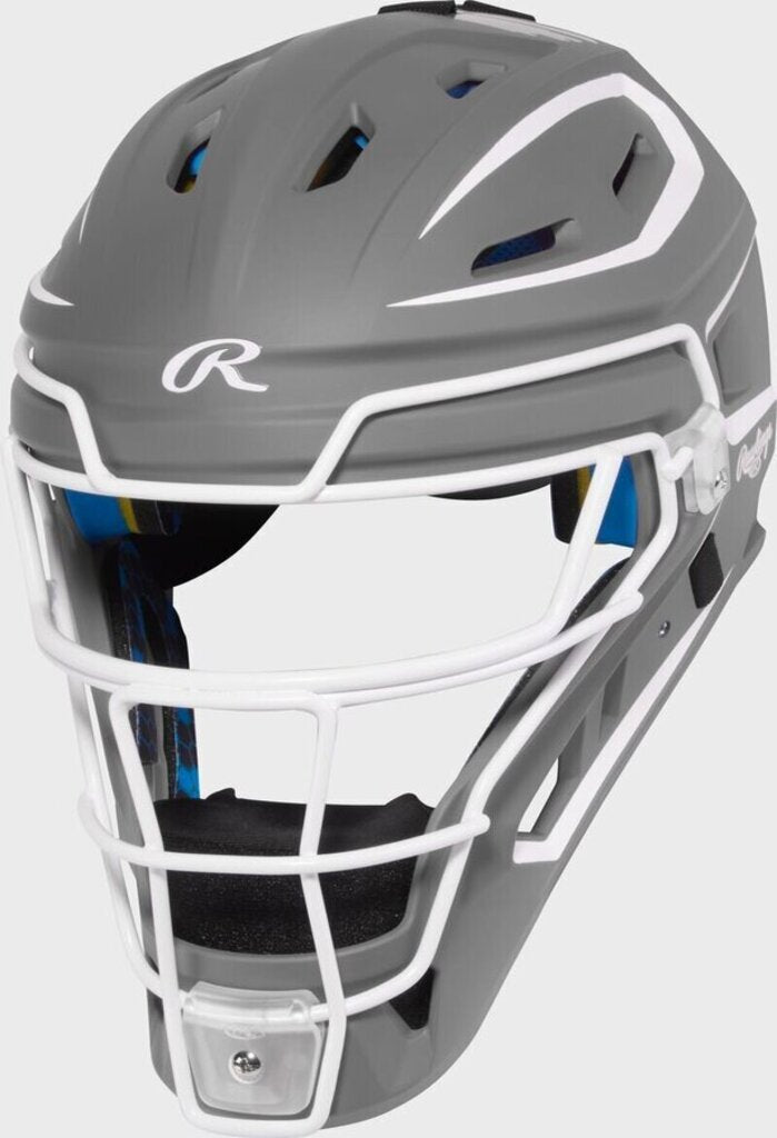 Graphite catcher helmet mask with white face bars and blue accents