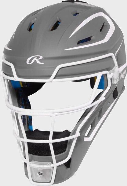 Graphite catcher helmet mask with white face bars and blue accents