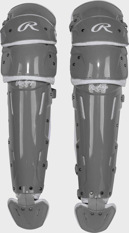 Graphite catcher leg guards with R logos and hinged knee padding