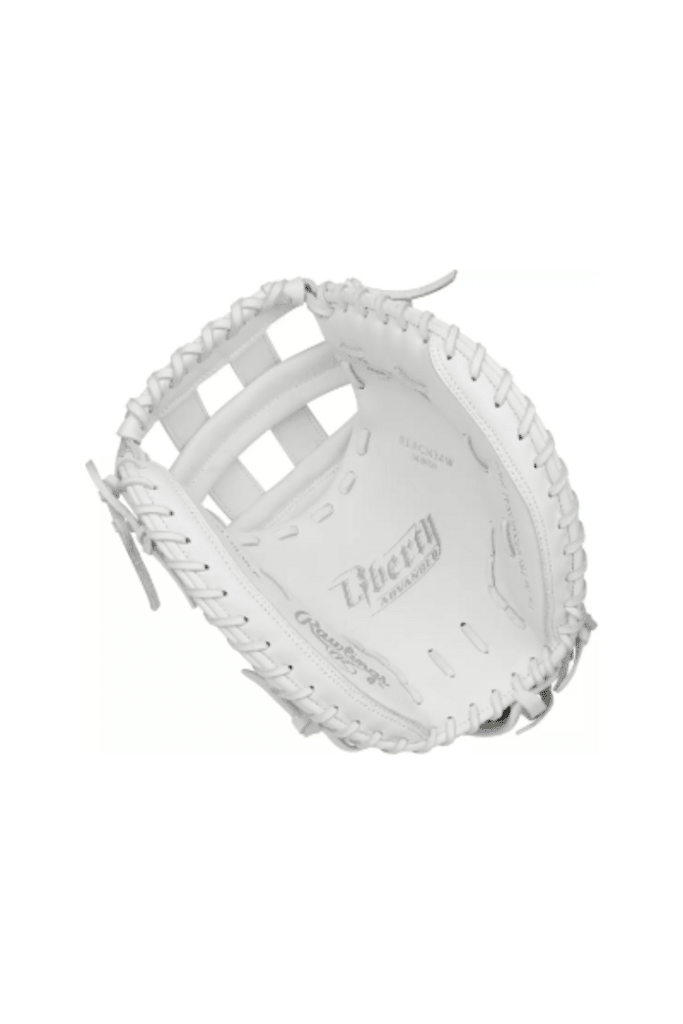 White fastpitch catcher mitt open palm view with laced pocket and Liberty branding