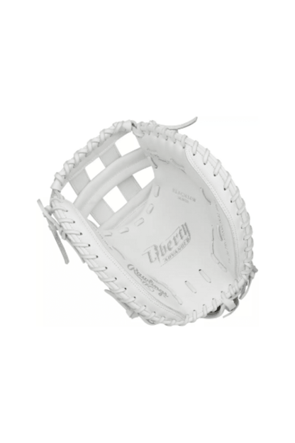 White fastpitch catcher mitt open palm view with laced pocket and Liberty branding