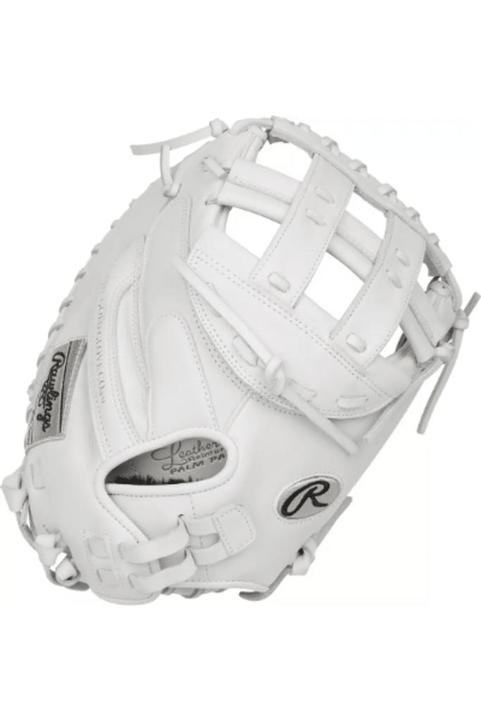 White fastpitch catcher mitt close-up with adjustable wrist strap and Rawlings logo