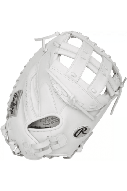 White fastpitch catcher mitt close-up with adjustable wrist strap and Rawlings logo