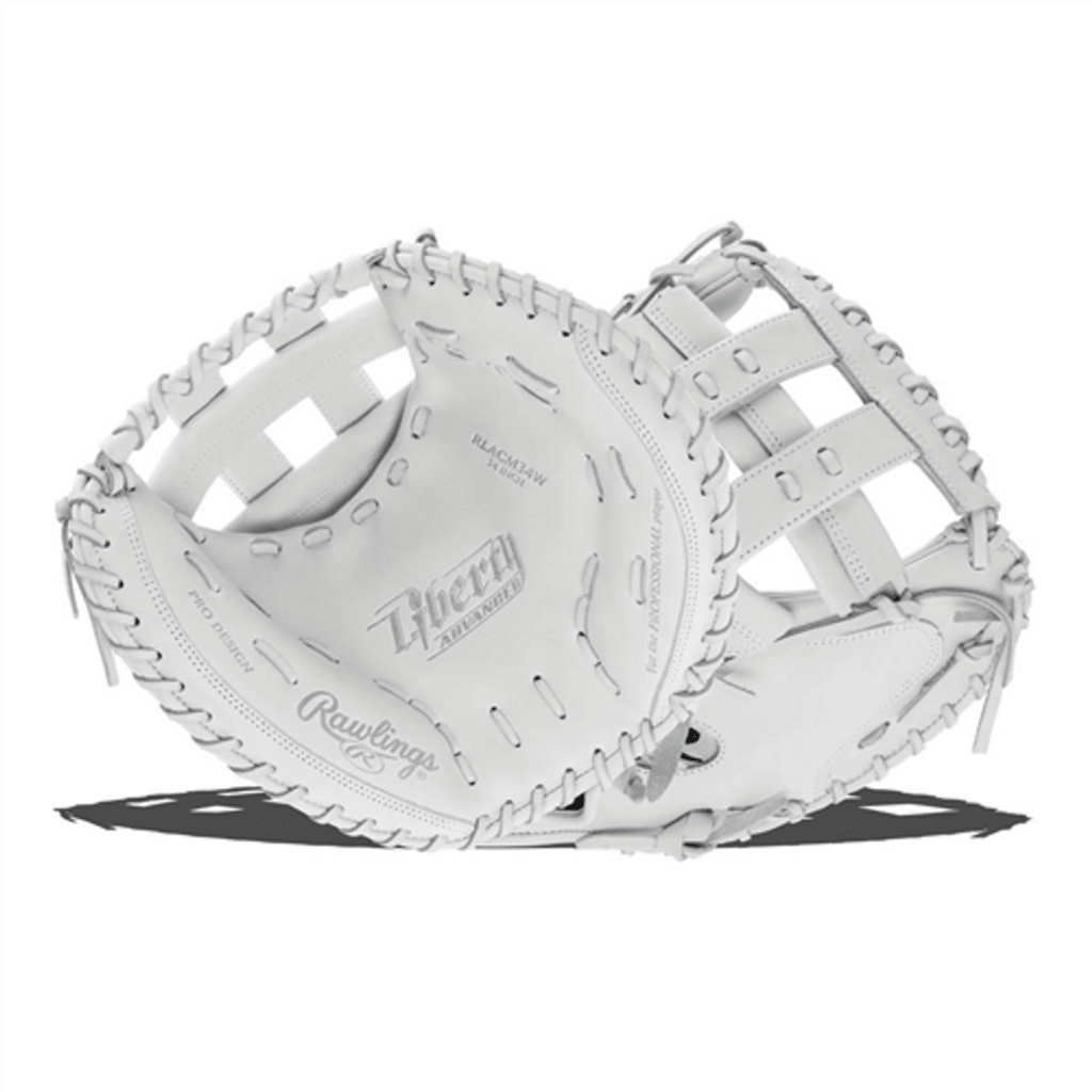 White fastpitch catcher mitt with open pocket and laced web, Rawlings Liberty Advanced