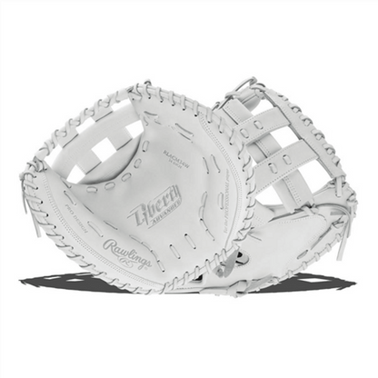 White fastpitch catcher mitt with open pocket and laced web, Rawlings Liberty Advanced