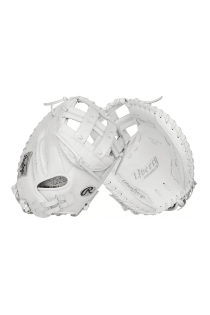 White fastpitch catcher mitt with pocket, webbing, and Rawlings logo