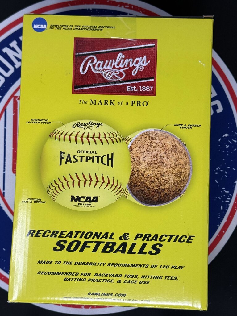Rawlings practice softballs box back with two balls shown, yellow and tan