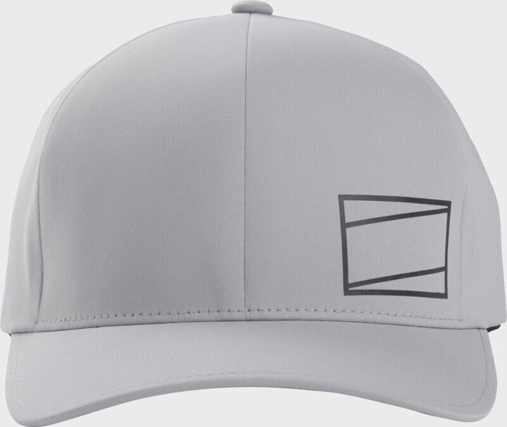 Grey Flexfit fitted hat with rectangular logo on front panel