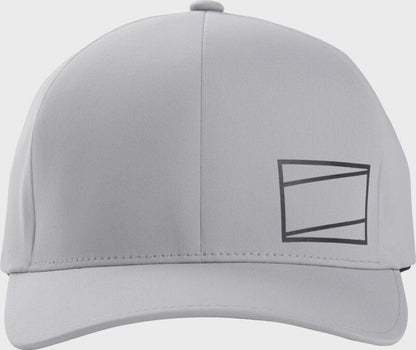 Grey Flexfit fitted hat with rectangular logo on front panel