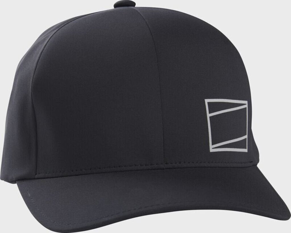 Black Flexfit fitted hat with rectangular logo on side panel