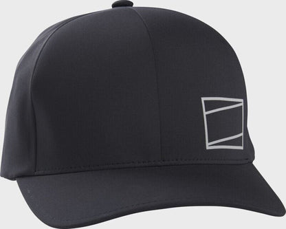 Black Flexfit fitted hat with rectangular logo on side panel