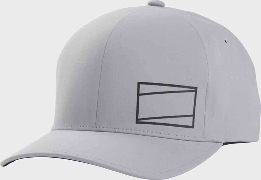 Grey Flexfit fitted hat with rectangular logo on side panel