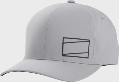 Grey Flexfit fitted hat with rectangular logo on side panel