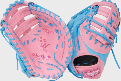 Pink and blue Rawlings first base baseball mitt with blue lacing