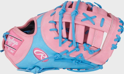 Pink and blue first base baseball mitt with fingerless web and padded back