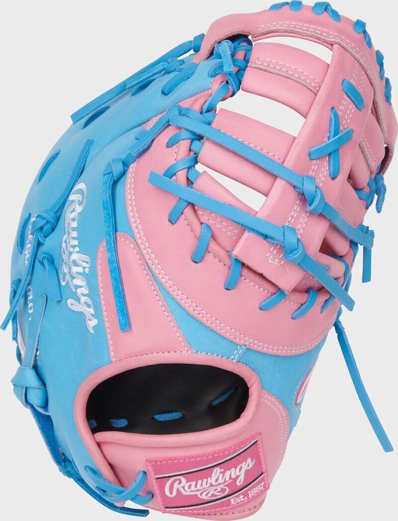 Pink and blue baseball first base mitt with open pocket and cross lacing