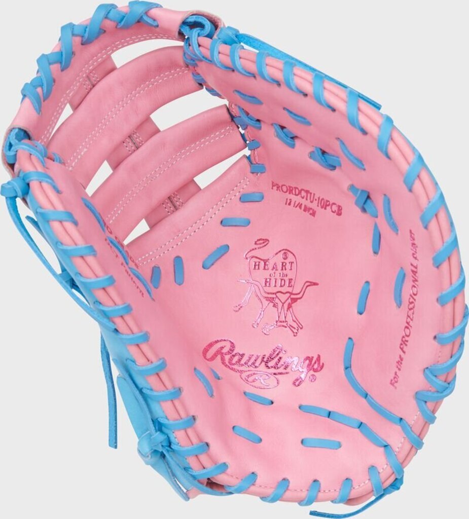 Pink and blue first base baseball mitt with Heart of the Hide logo and laces