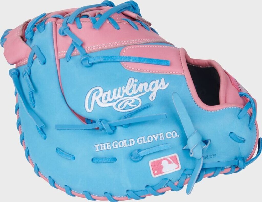 Blue and pink first base baseball mitt with Rawlings patch and glove laces