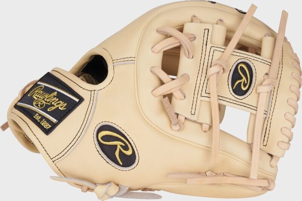 Camel baseball glove with black-trim wrist patch and Rawlings logo patch