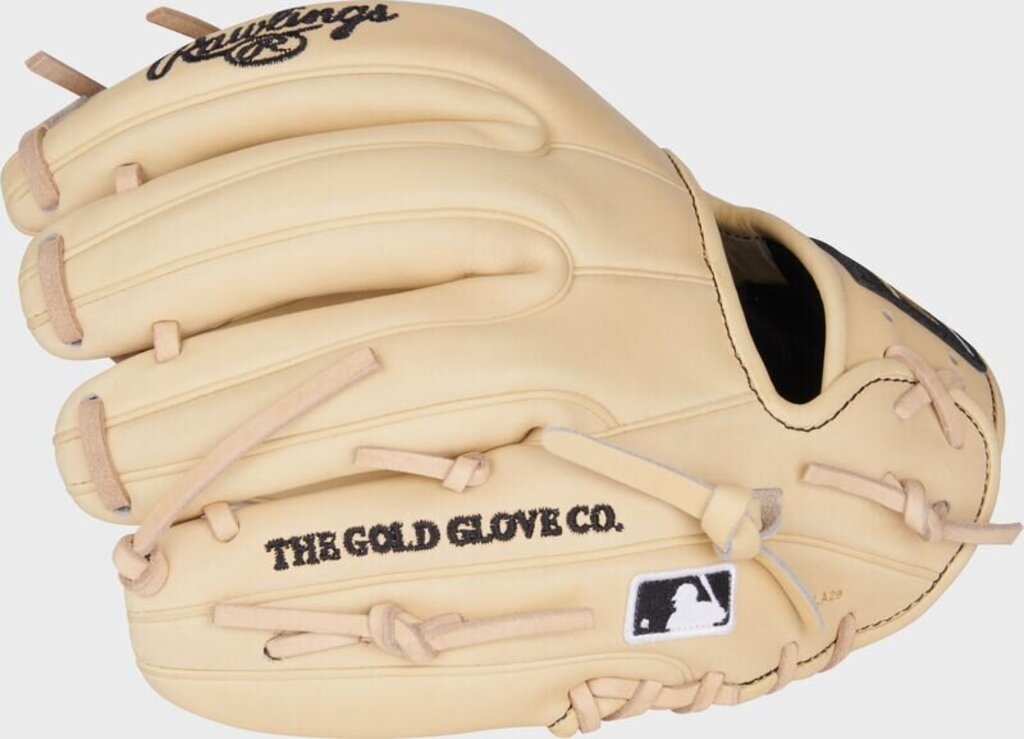 Camel baseball glove heel, The Gold Glove Co. text and Rawlings branding