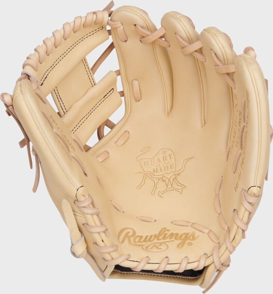 Camel baseball glove with stitched leather panels and Rawlings branding on back