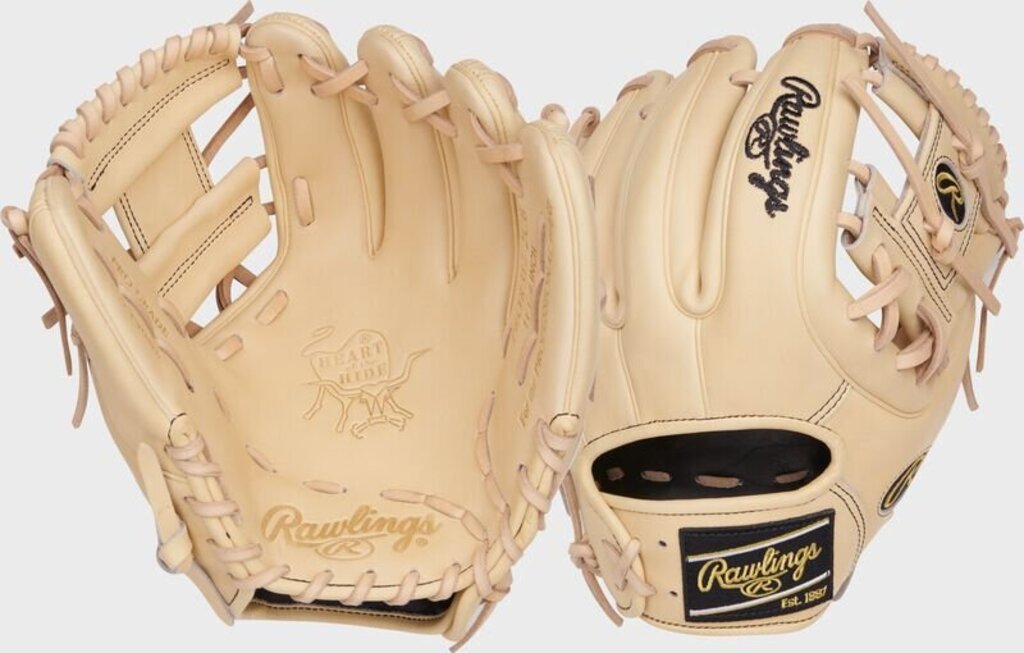 Camel baseball glove with open web and crossed lacing, Rawlings logo patch